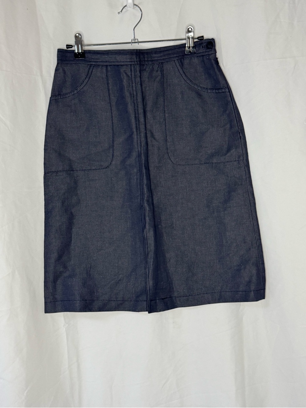 Vintage Classic Black Denim Midi Skirt with Front Pockets